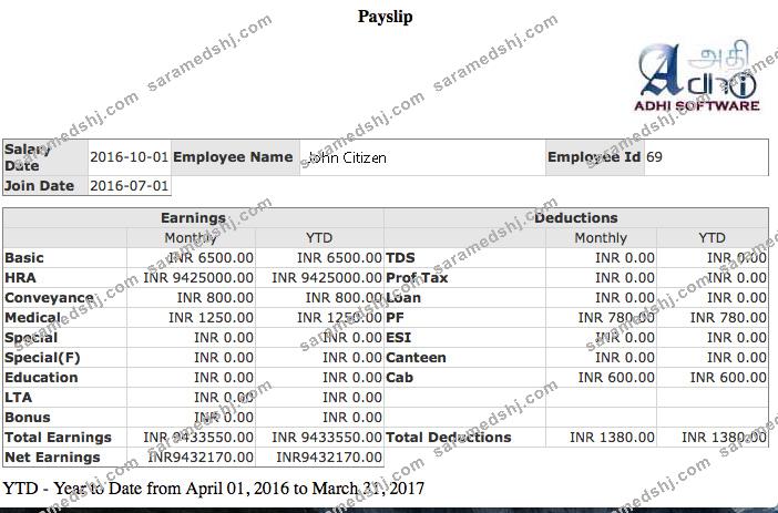 INDIA ADHI Software company payslip template in Word and PDF formats